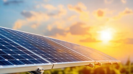 Climate change building design lighting solutions. Solar panels under a beautiful sunset sky.