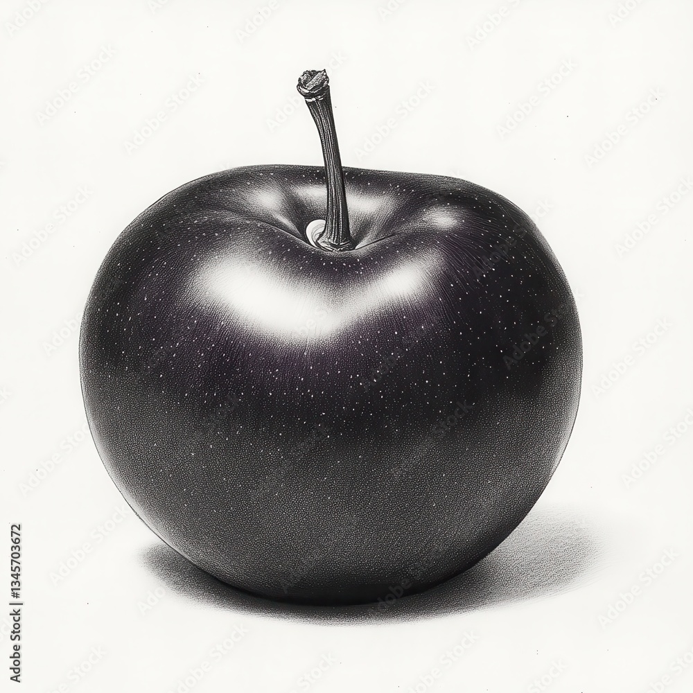 Poster Sketch of a smooth shiny plum showcasing its elegant form and detail in monochrome