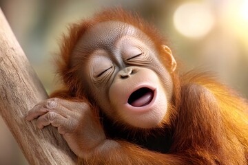 Adorable baby orangutan yawning and sleeping on a tree branch