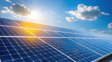 Climate change building design lighting solutions. Vibrant solar panels reflecting sunlight under a clear blue sky.
