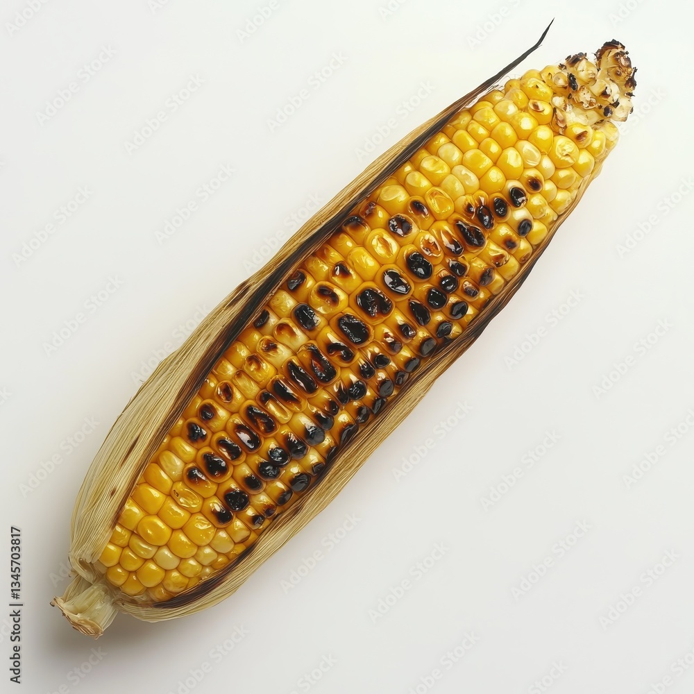 Poster Grilled corn cob with perfectly charred kernels displayed on a white background after a summer barbecue