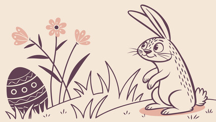 Illustration of a bunny near an egg and flowers on a light background drawing. Perfect for Spring Invitations, Holiday Branding, and Creative Event Projects