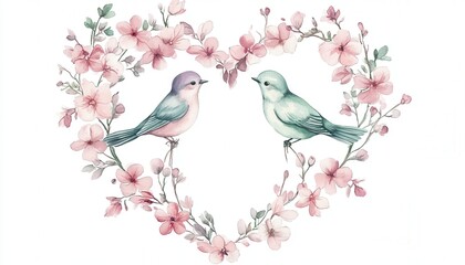 Two Birds Perched on Branches Forming a Heart Shape Surrounded by Pink Watercolor Flowers