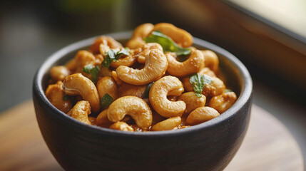 Fototapeta premium The warm, aromatic cashew curry sits in a pan, its rich gravy and cashews inviting a delicious bite.