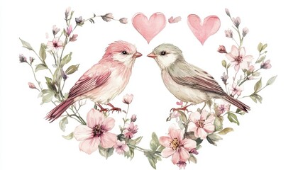Two Birds Sharing a Tender Moment Amidst a Delicate Floral Heart Wreath