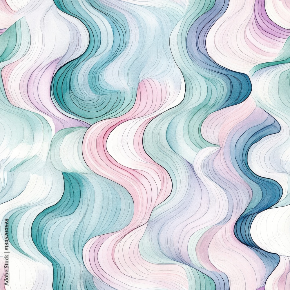 Poster serene watercolor doodle featuring flowing abstract patterns in soothing pastel colors and soft curv