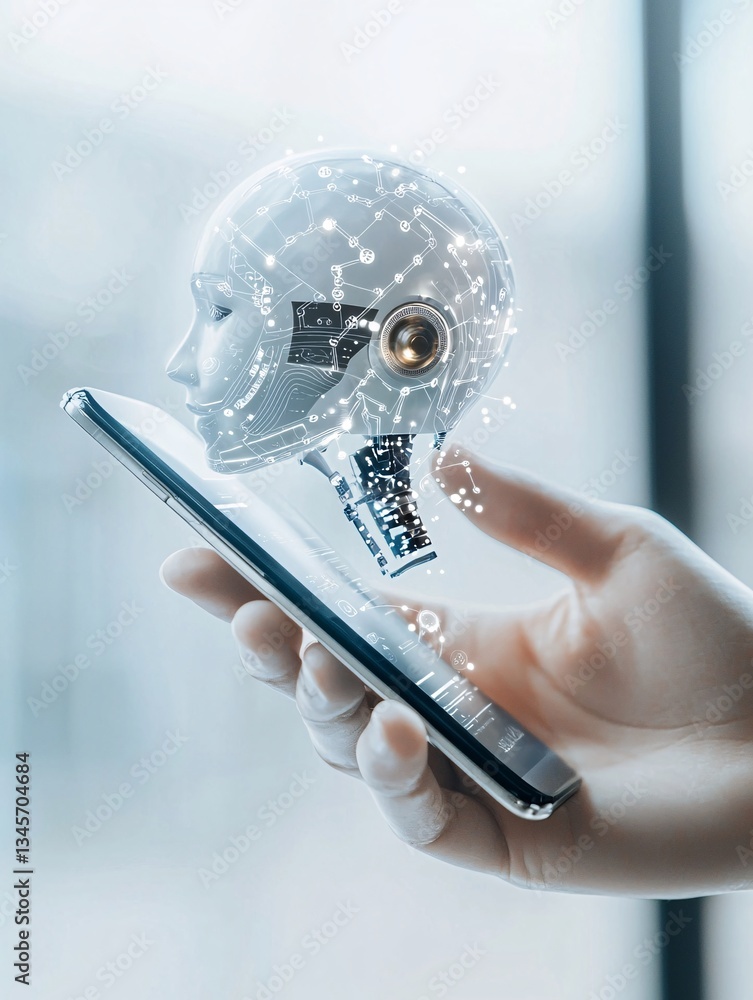 Poster virtual assistant helping in website navigation on a mobile device, ai integration in web design, mo