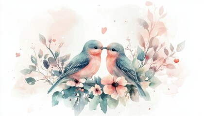 Two Blue Birds Kissing on Floral Watercolor Branch