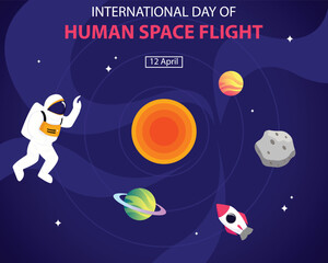 illustration vector graphic of an astronaut floating in space with planets and stars, perfect for international day, human space flight, celebrate, greeting card, etc.