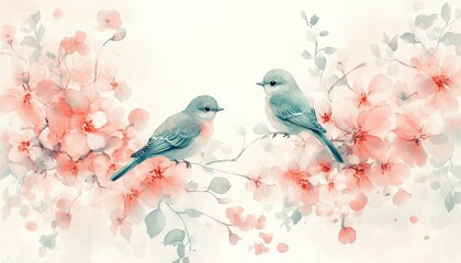 Two Blue Gray Birds Perched on a Branch Amidst Delicate Pink and Red Blossoms Watercolor Painting