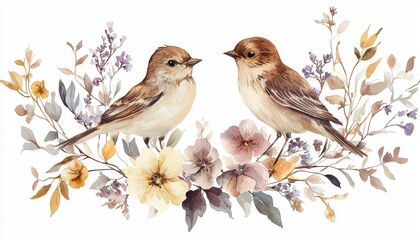 Fototapeta premium Two Brown Birds Perched on Watercolor Flowers