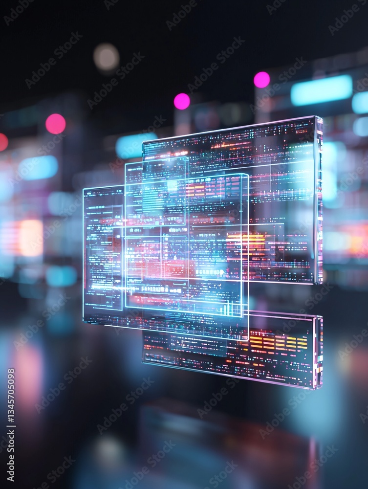 Poster futuristic 3d web components floating in a virtual space, innovative web design concept, cutting-edg