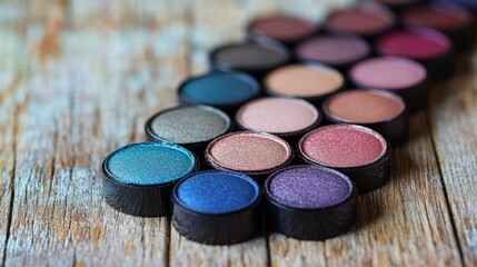 Colorful Eyeshadow Palette on Rustic Wooden Background