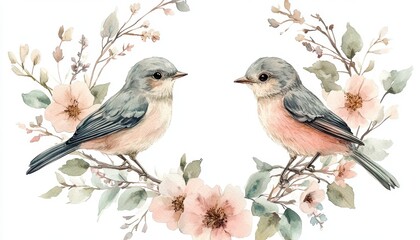 Two Pastel Birds on Blooming Branches Watercolor Painting