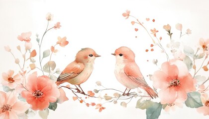Two Peach Colored Birds Perched on Branch Amidst Watercolor Peach and Pink Flowers