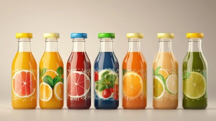 Assortment of Colorful Fruit Juices in Glass Bottles