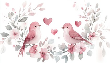 Two Pink Birds Perched on Branches Amidst Delicate Pink and Gray Watercolor Flowers and Hearts
