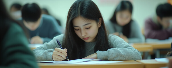 시험장에서 펜으로 종이에 글을 쓰는 아시아 학생들의 클로즈업(Close up of Asian students writing on paper with pen in exam room)