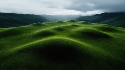 Fototapeta premium Lush green hills, rolling landscape, serene valley. Misty mountains in the background