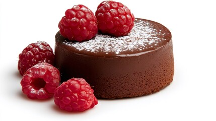 Delicious chocolate cake with fresh raspberries and powdered sugar topping