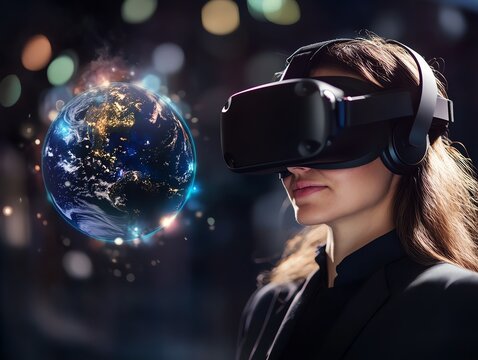Businesswoman in vr headset with earth globe, working in metaverse Copy space