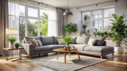 Naklejka premium Modern Scandinavian Living Room: Light Grey Sectional Sofa, Minimalist Design, Plush Wool