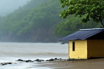 Coastal wooden hut drenched in rainfall, surrounded by nature's beauty and serenity.