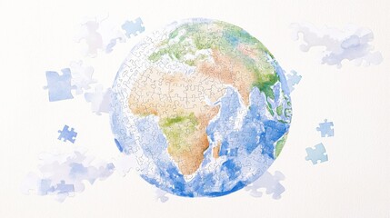 Fototapeta premium Beautiful watercolor illustration of a puzzle piece world, depicting continents and oceans, symbolizing connection and unity in a creative design.