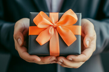 비즈니스 정장 배경에 오렌지 리본이 달린 선물 상자를 든 손의 클로즈업. 손과 포장된 선물에 초점(Close-up of a hand holding a gift box with an orange ribbon on a business suit background. Focus on the hand and the wrapped gift)