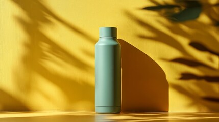 A modern, cylindrical reusable water bottle with rounded edges, on a mustard yellow background 