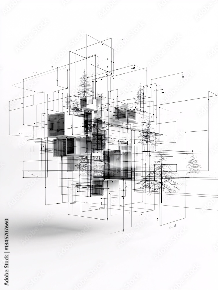 Poster wireframe of a website layout with focus on user navigation paths, intuitive design concept, seamles