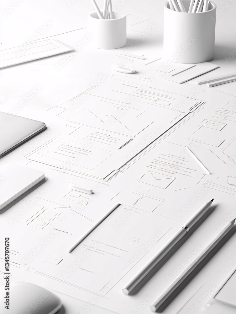 Poster wireframe of a website layout with focus on user navigation paths, intuitive design concept, seamles