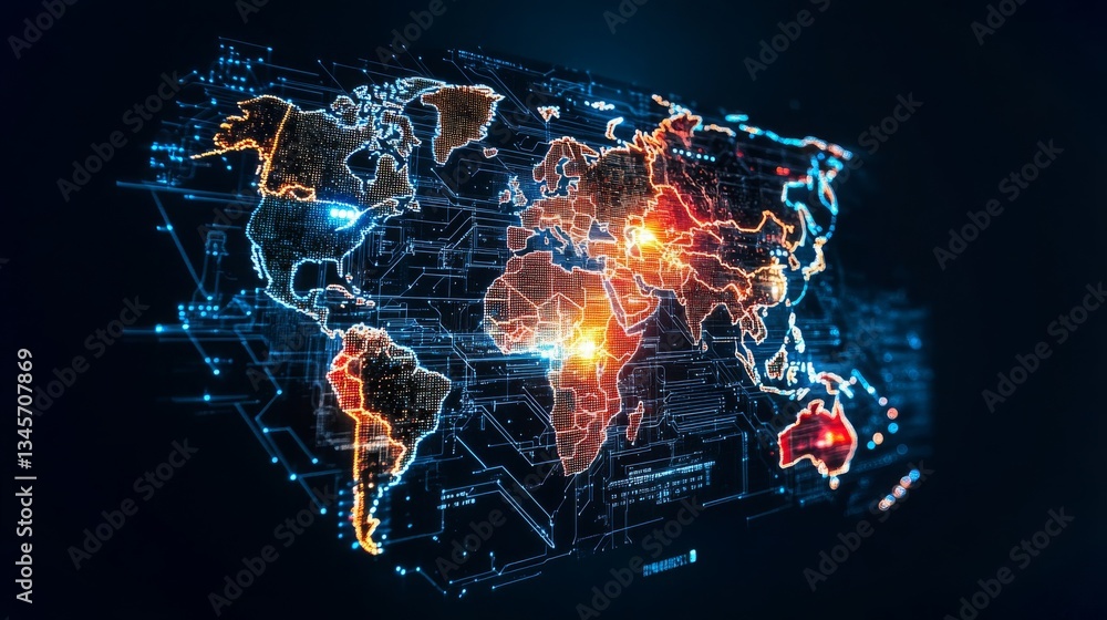 Poster digital map displaying global user activity with vibrant data visualizations and connections