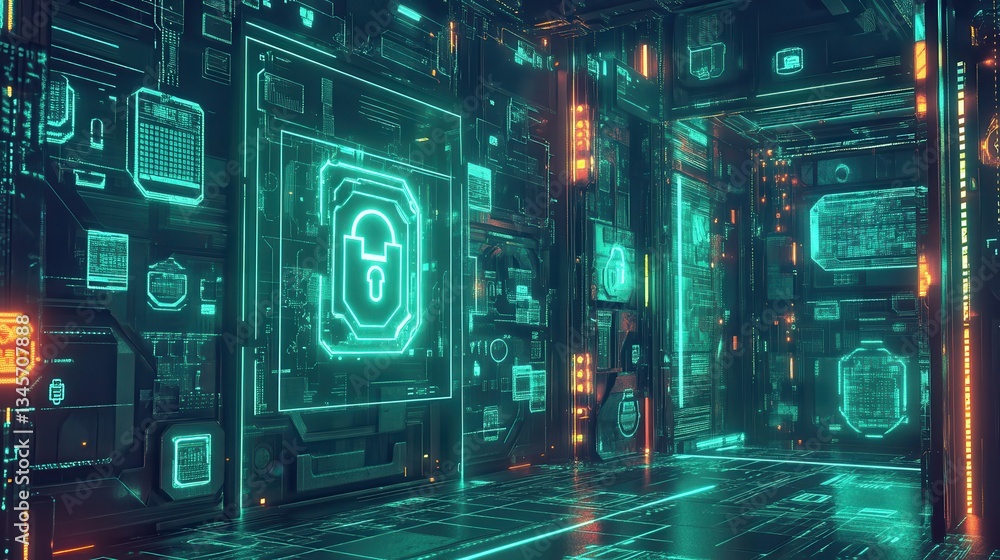 Poster polished depiction of a futuristic financial system in a secure digital environment