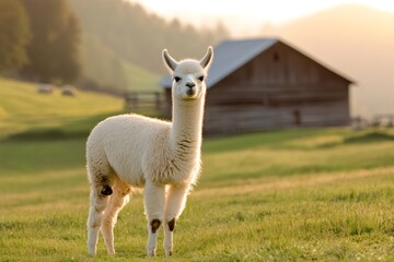 Fototapeta premium White alpaca standing in a green field with a barn in the background