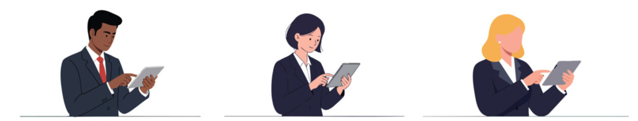 Business Professionals with Tablets Vector Illustration Collection Featuring Inclusive Workspaces on a Plain White Background