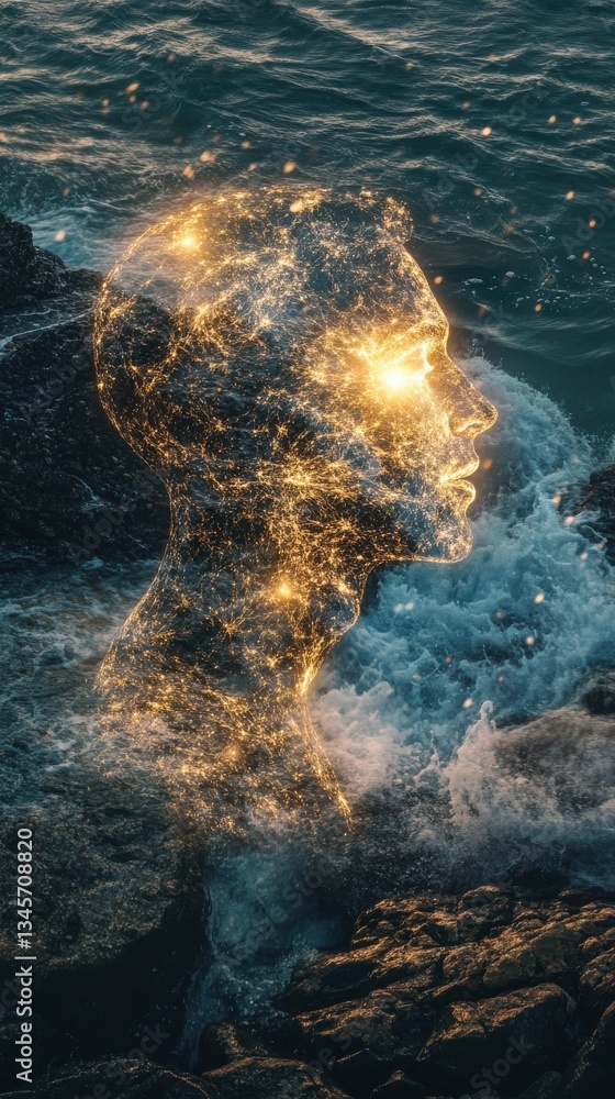 Aufkleber Mystical profile of a man emerges from ocean waves illuminated by golden light under a twilight sky