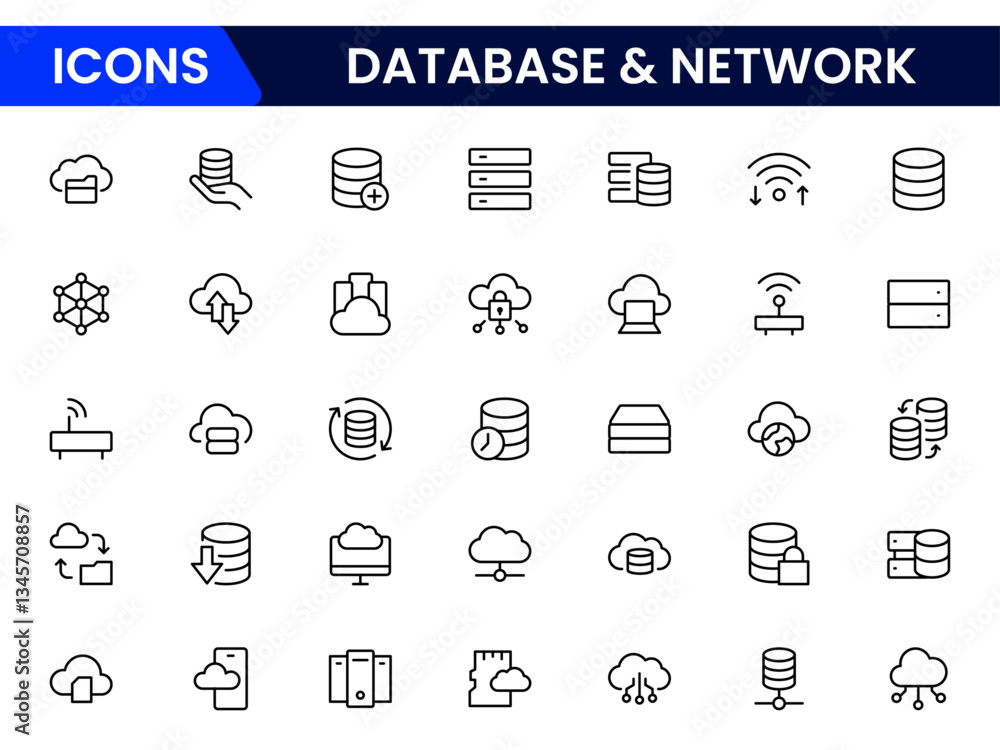 Poster data network icon set. data cloud analysis technology symbol. containing database, statistics, and a