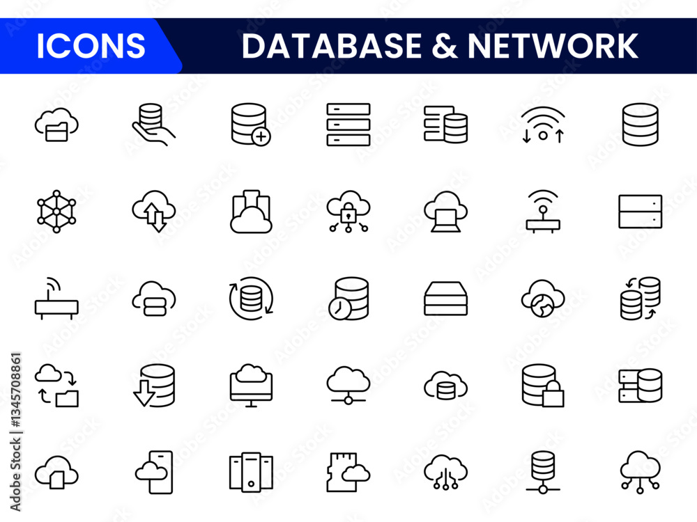 Poster data network icon set. data cloud analysis technology symbol. containing database, statistics, and a