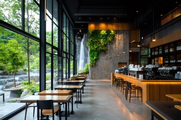 Modern cafe interior design with waterfall and green wall