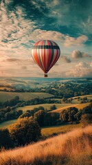 Obraz premium A vibrant hot air balloon floats majestically over rolling green hills. The sky is painted with soft clouds. Experience tranquility and adventure. Generative AI