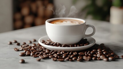 Coffee cup and coffee beans on a wooden background
