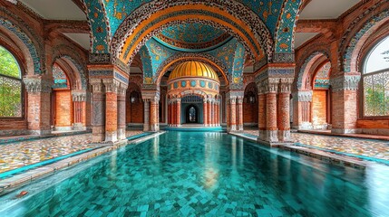 Fototapeta premium Ornate indoor pool, Moorish architecture, vibrant turquoise tiles