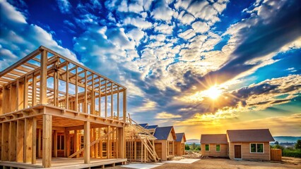 Fototapeta premium New Home Construction: Wooden Beams Against a Blue Sky - Stock Photo
