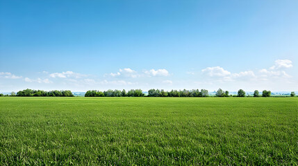 Fototapeta premium Expansive Green Field Under a Clear Blue Sky with Horizon and Lush Vegetation