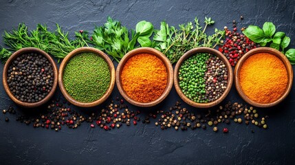 Aromatic Spices and Herbs Assortment in Wooden Bowls