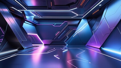 Futuristic Tech Interior: Immerse yourself in the cool, neon-lit ambiance of a futuristic interior. Metallic surfaces reflect vibrant blue and purple hues, and the intricate.