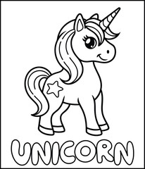 Cute cartoon unicorn coloring page design.