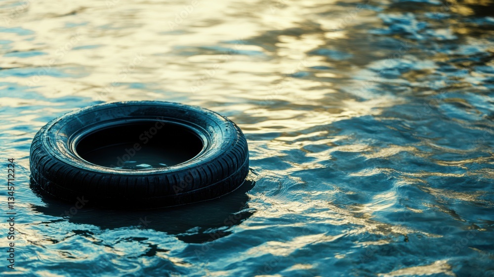Poster tire floating in calm water reflecting soft light at dusk, capturing serenity and environmental refl