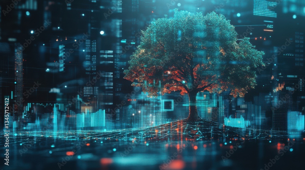 Fototapete futuristic representation of financial data intertwined with nature showing a tree amidst digital el